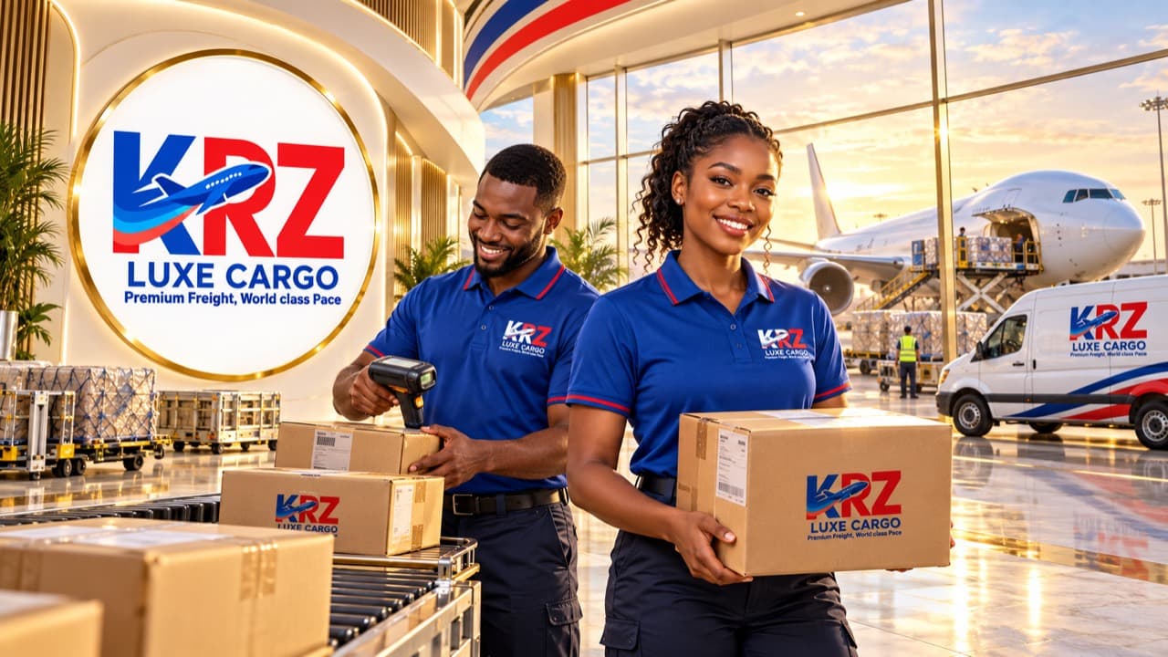 KRZ Luxe Cargo team preparing parcels in a branded air freight facility